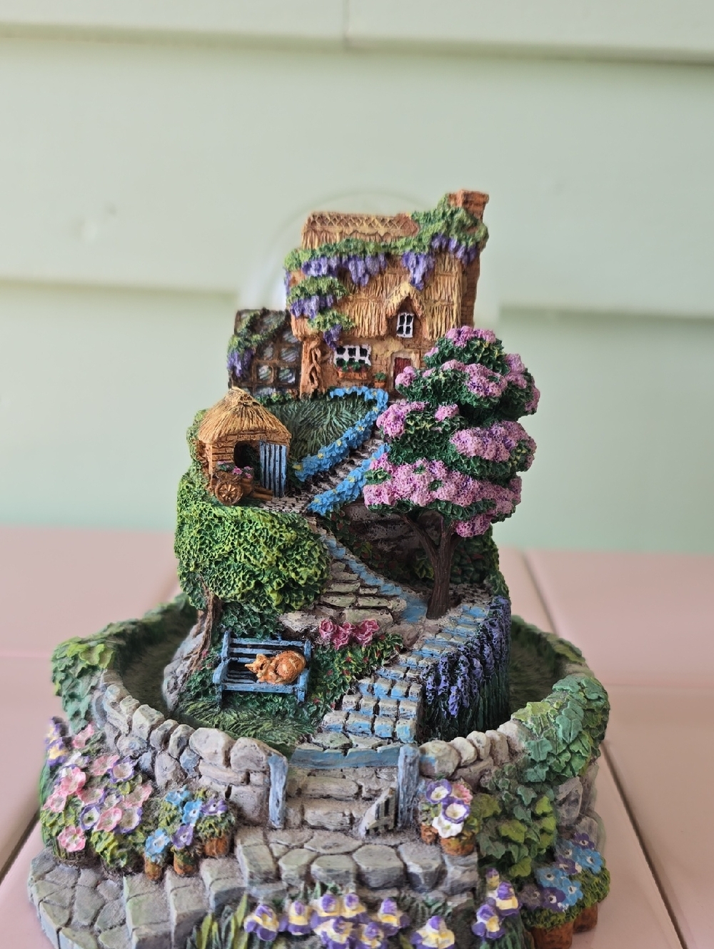Franklin Mint Hand-Painted Cottage Garden Sculpture in Pink, Green & Blue